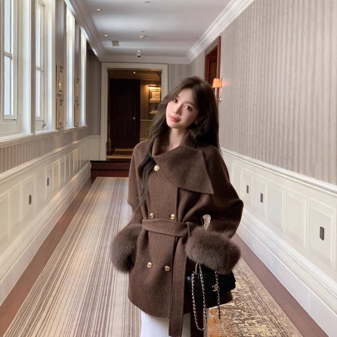 月光晚宴冬新款双面羊绒大衣女狐狸毛羊毛呢韩系千金风皮草外套