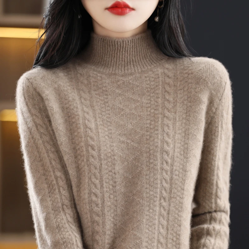 2025秋冬季女士半高领纯色羊毛针织衫加厚麻花毛衣百搭休闲内搭