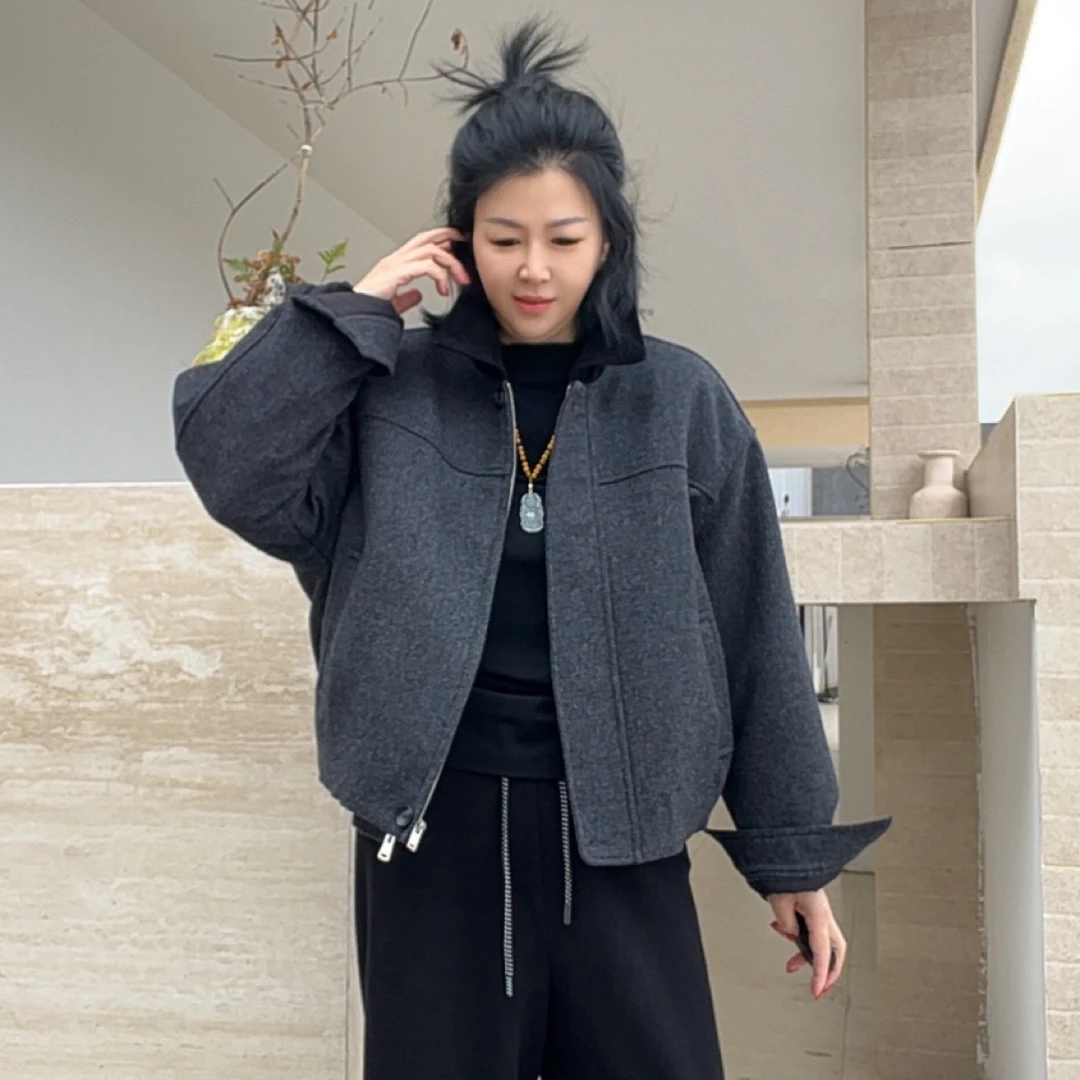 韩版时尚设计感翻领羊毛小个子短款毛呢外套女宽松复古减龄夹克