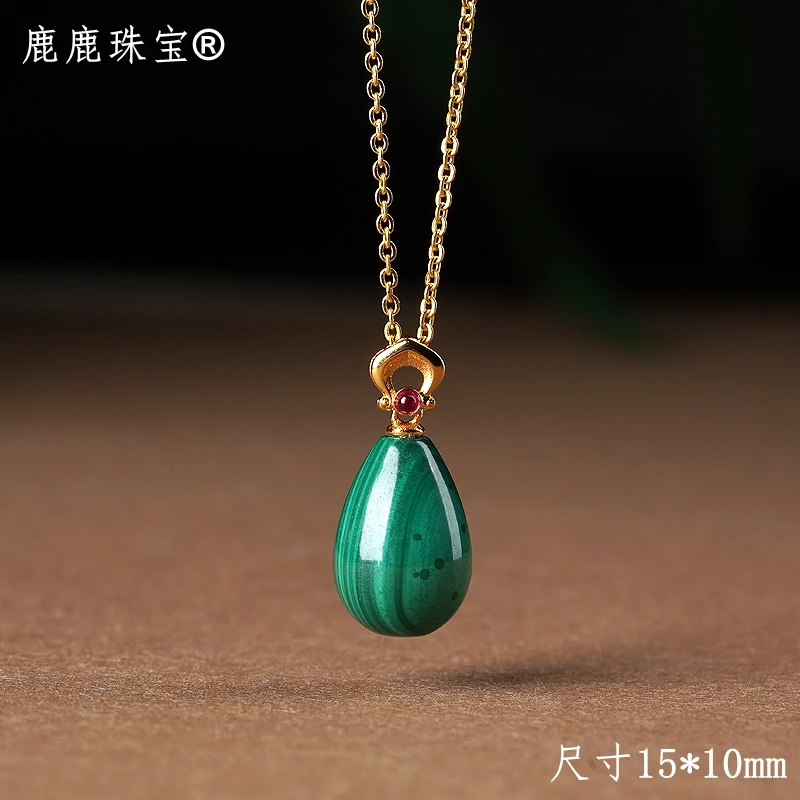 天然原矿精品孔雀石925银镶嵌水滴吊坠