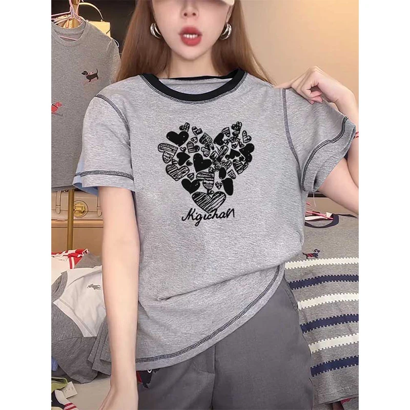 小众明线拼色圆领正肩短袖t恤女装时尚休闲百搭减龄薄款灰色夏季