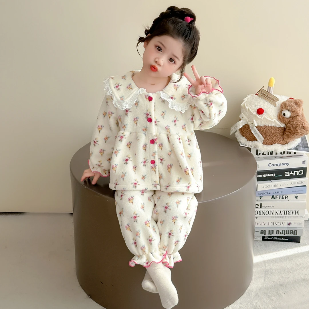 女童睡衣法兰绒秋冬款2025新款女孩宝宝加绒厚冬季儿童家居服套装