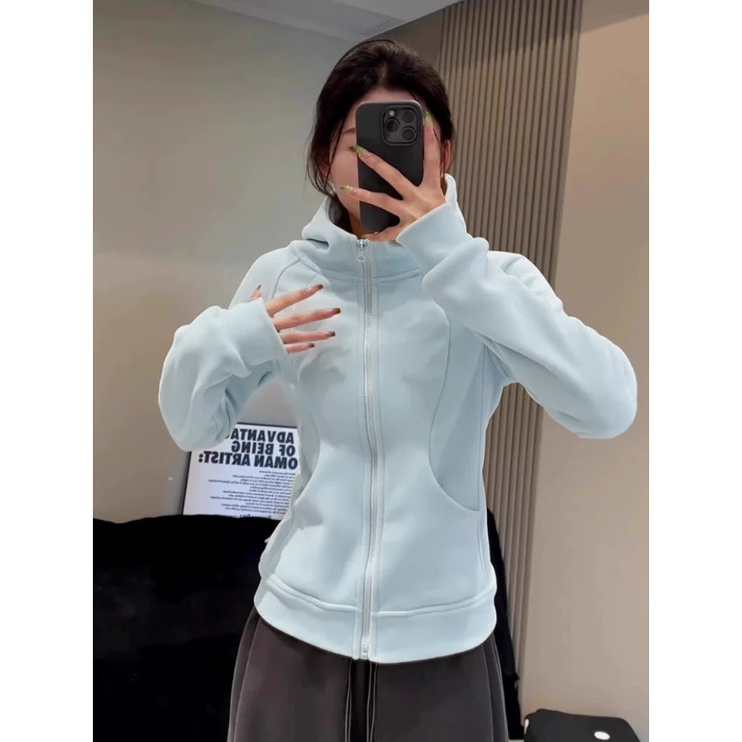 长袖外套加绒加厚韩系温柔气质蓝色秋冬短上衣休闲显瘦连帽卫衣女