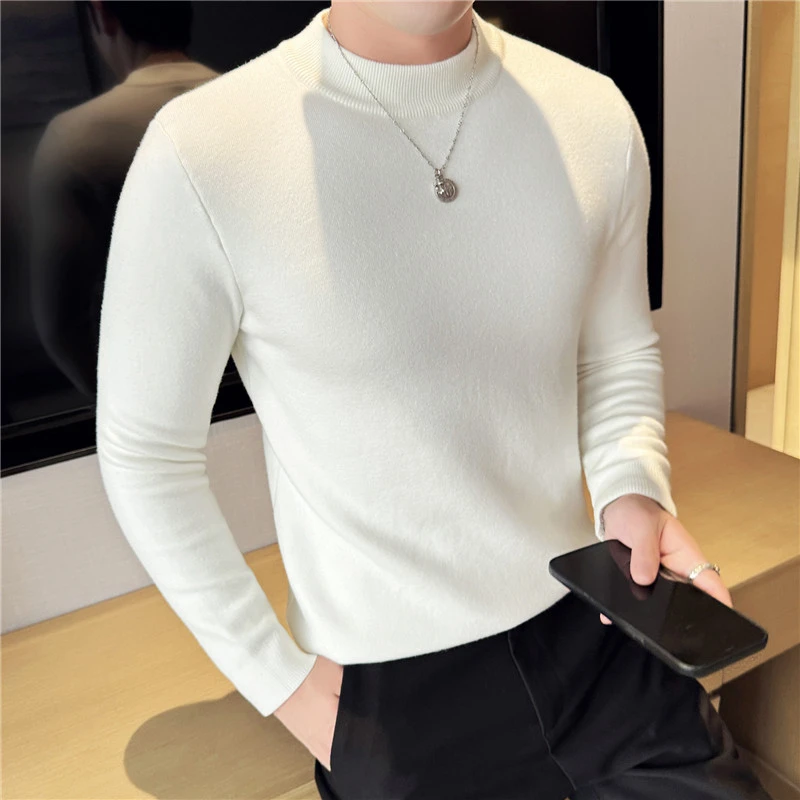 春季厚款圆领套头纯色针织衫男士潮流一体绒高品质亲肤毛衣打底衫