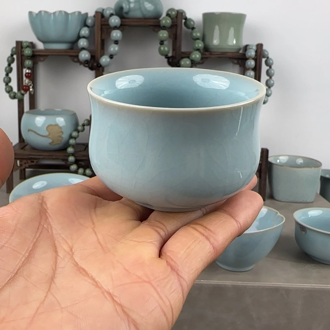 瓷片汝瓷如意杯支钉烧天青釉
