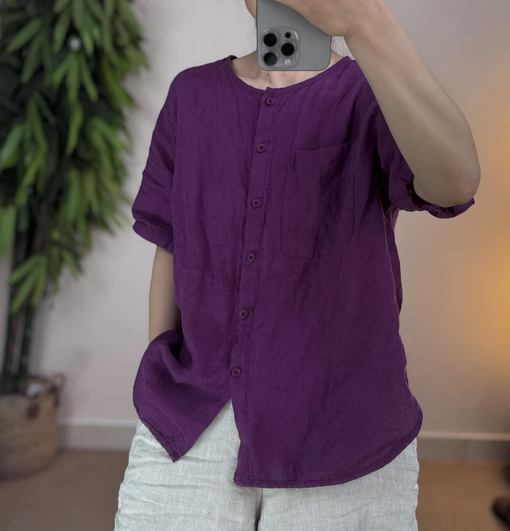 夏季女士纯色亚麻短袖圆领衬衫复古文艺休闲百搭显瘦