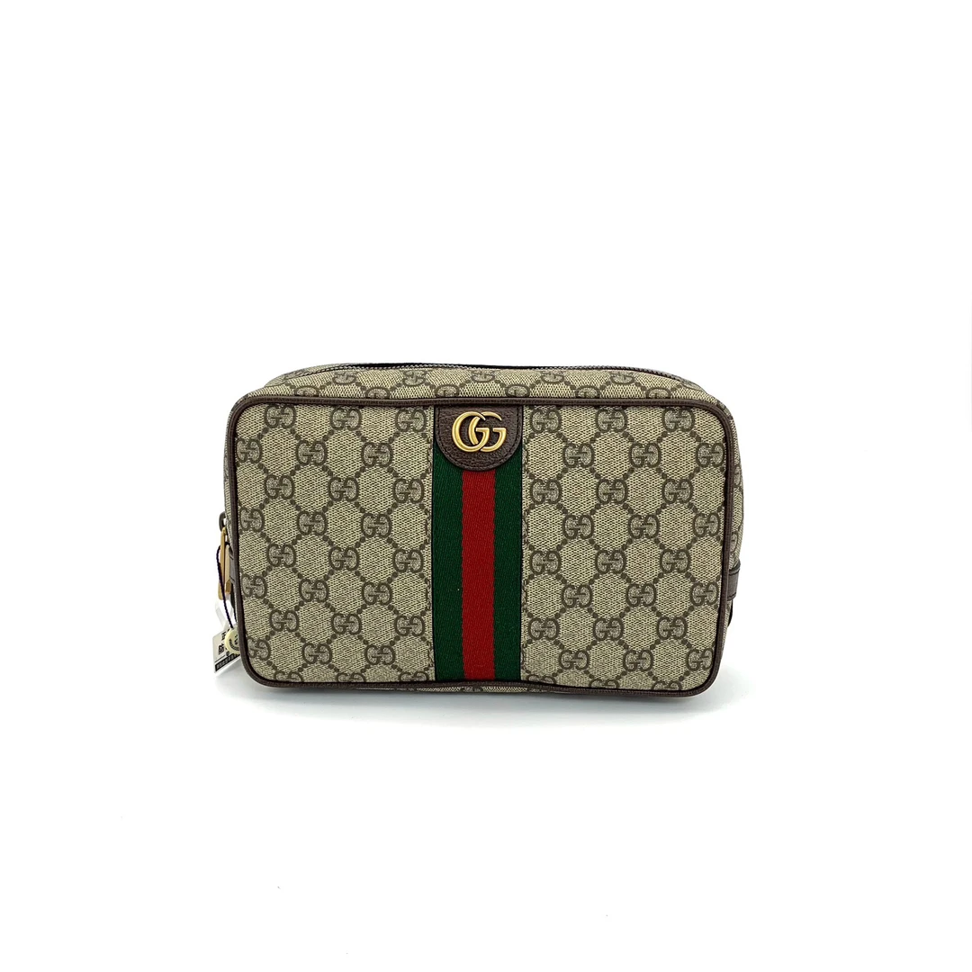 99新 GUCCI/古驰 经典时尚休闲老花红绿织带双G手拿包  尺寸24/14