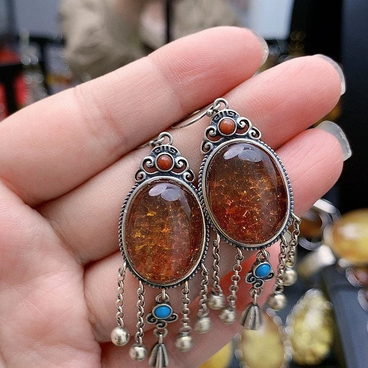 琥珀裸石银S925镶嵌耳坠