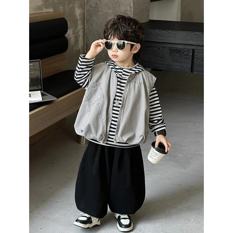 男童春秋套装2025新款韩版儿童秋装马甲三件套宝宝男孩酷帅衣服潮