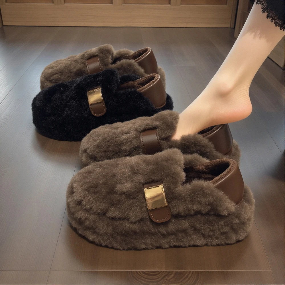 羊羔绒厚底毛毛鞋女2025新款冬季法式金属扣加绒保暖两穿孕妇棉鞋