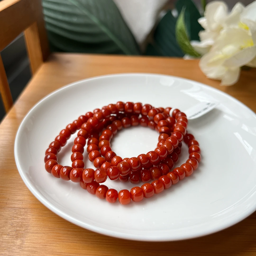 【郭老师】约5*6mm瓦西料火焰纹玫红底南红老型珠多圈手串