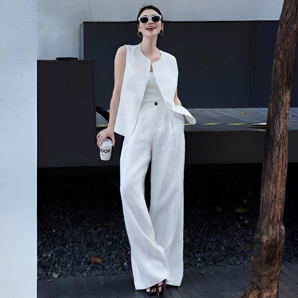 【衣袂翩翩】老钱风显瘦100%亚麻套装夏季气质马甲+阔腿裤套装裤子