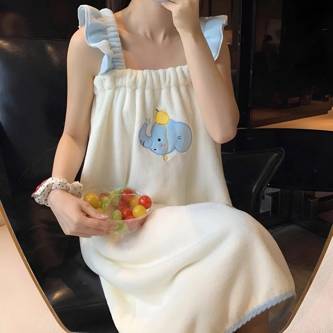卡通浴巾吊带浴袍可爱裹巾可穿吸水速干浴裙女毛巾干发帽JY