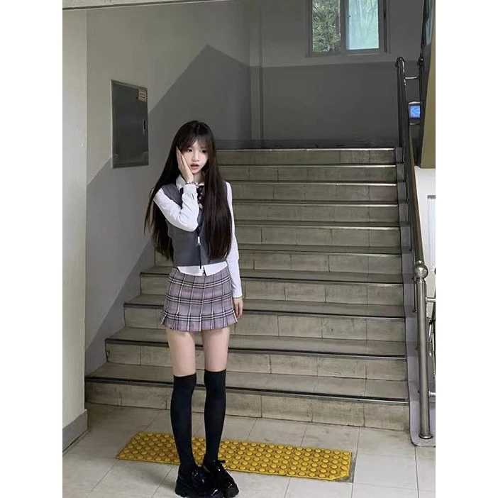 元气满满~jk制服套装学院风秋冬辣妹显瘦衬衫外套格纹短裙三件套