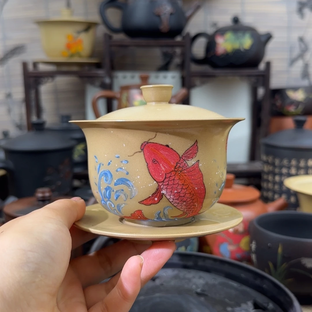 建水紫陶全品三才盖碗乐烧