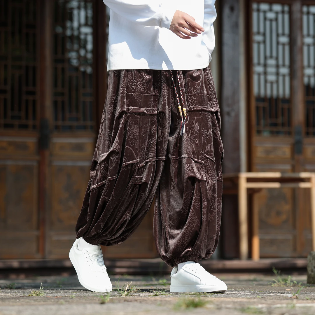 棕咖色重磅卫裤男士金丝绒休闲阔腿裤中国风宽松大码灯笼运动裤潮