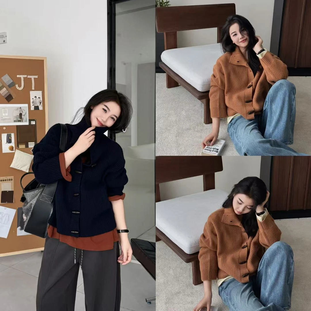 2025新款韩系气质时尚牛角扣设计款针织羊毛开衫-M25325315