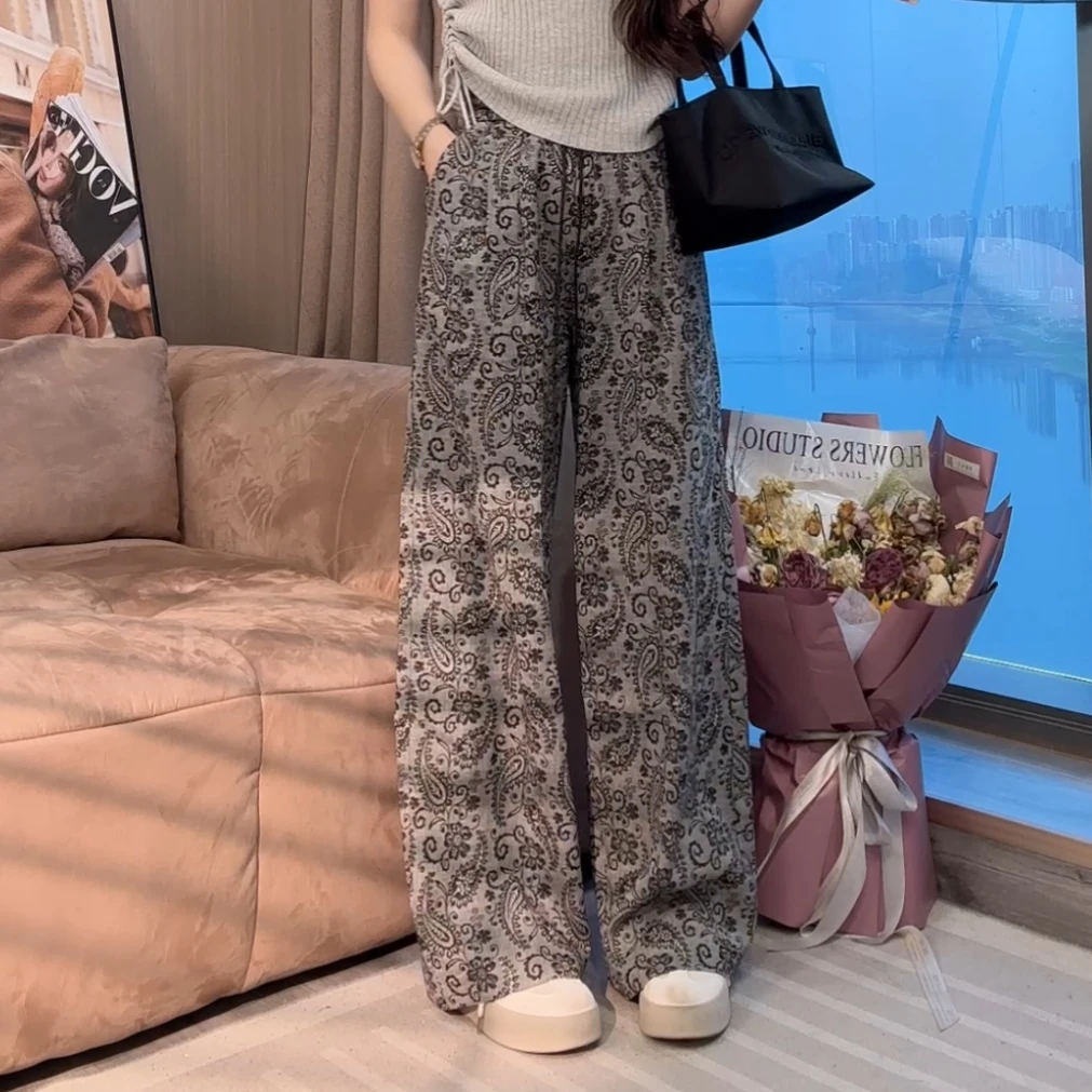 【晓溪服饰】春夏新款时尚休闲百搭提花潮流松紧腰直筒阔腿裤女706