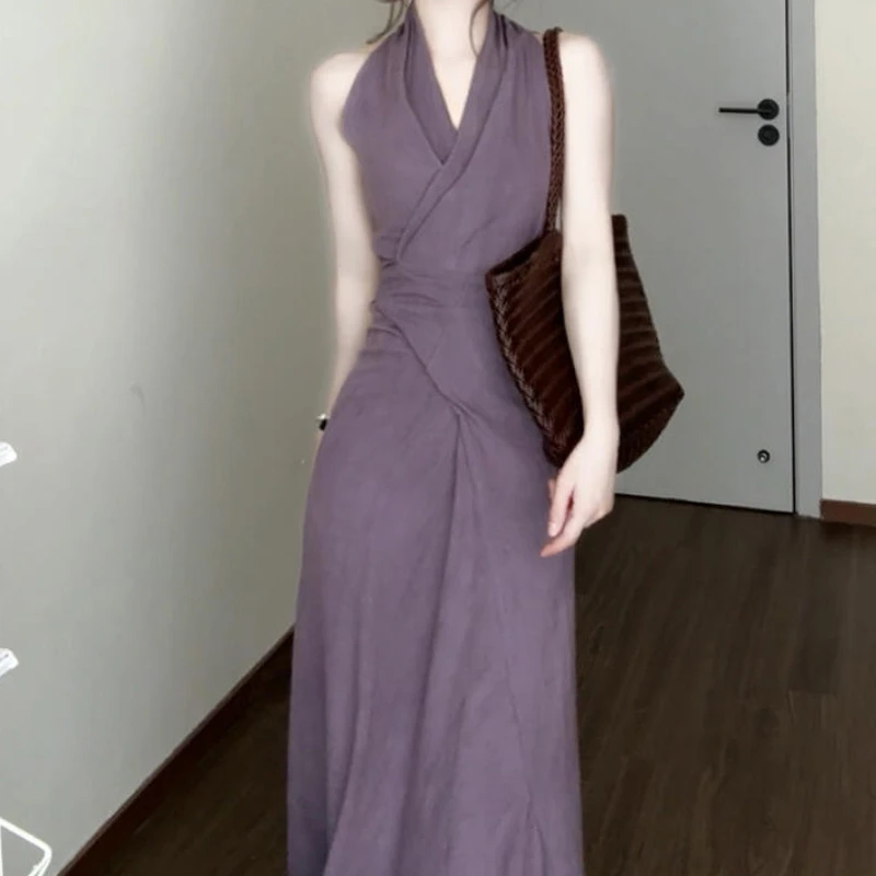紫色挂脖吊带连衣裙子女夏季2025新款爆款独特漂亮超好看绝美长裙
