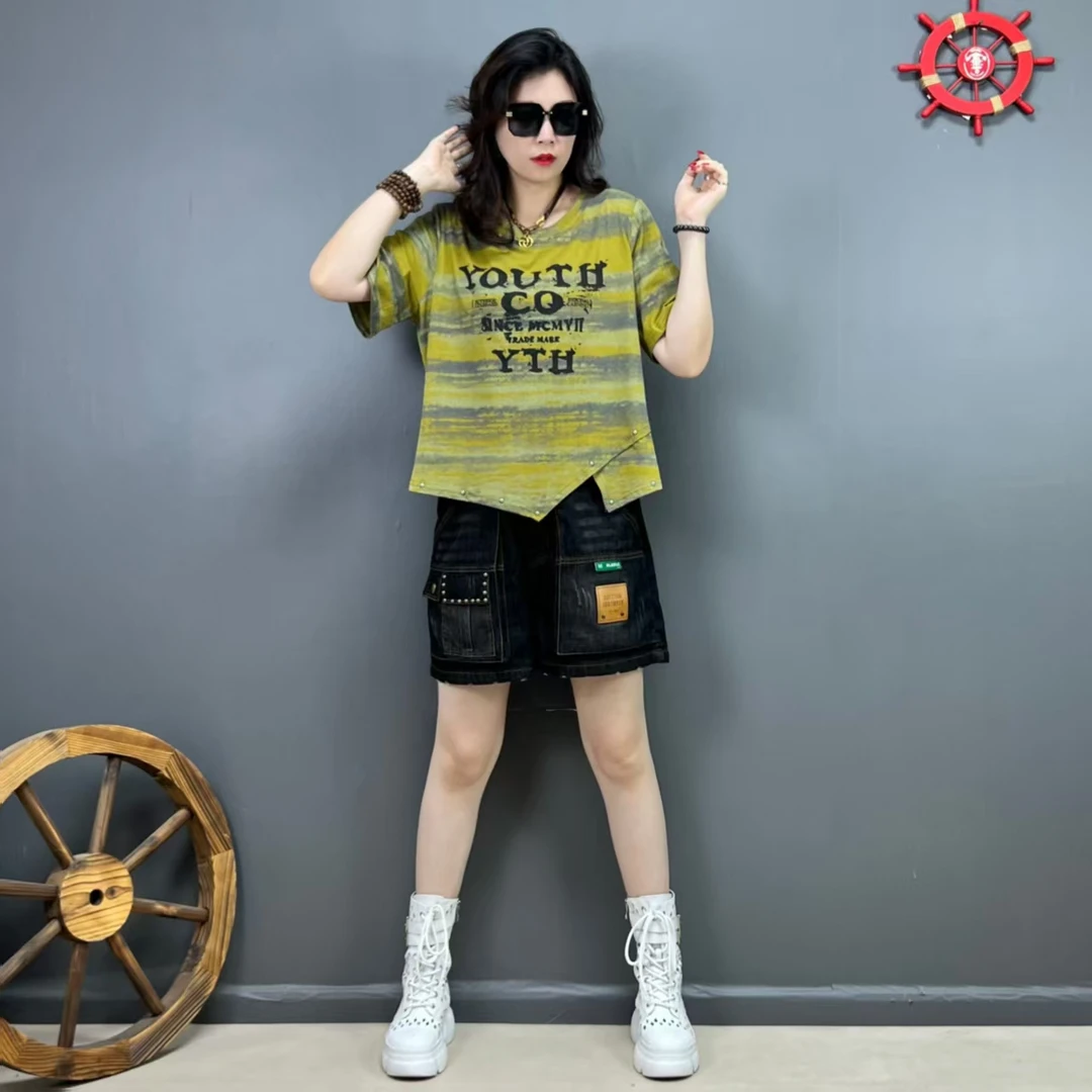 个性时尚减龄不规则条纹上衣短袖2个颜色【单件上衣】（绿色，咖色）