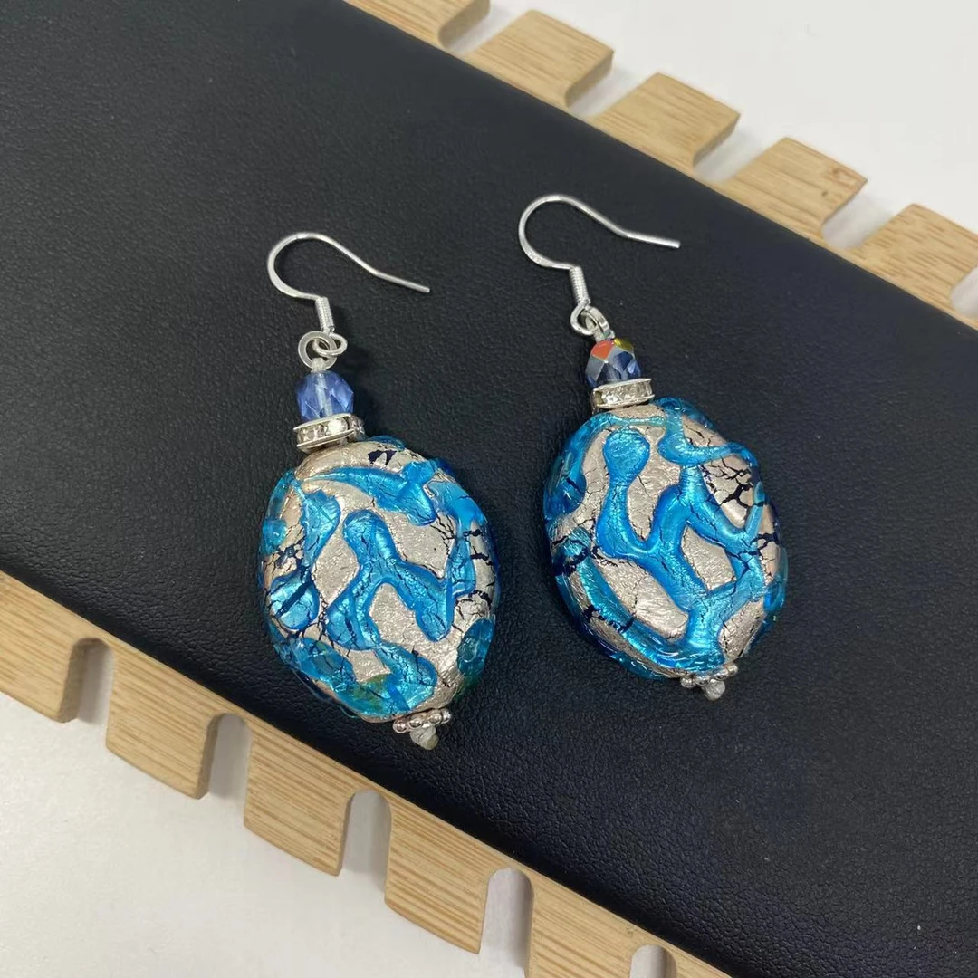 合金耳饰 LZ2459-1 蓝色银箔雕刻圆饼台湾老师琉璃耳环