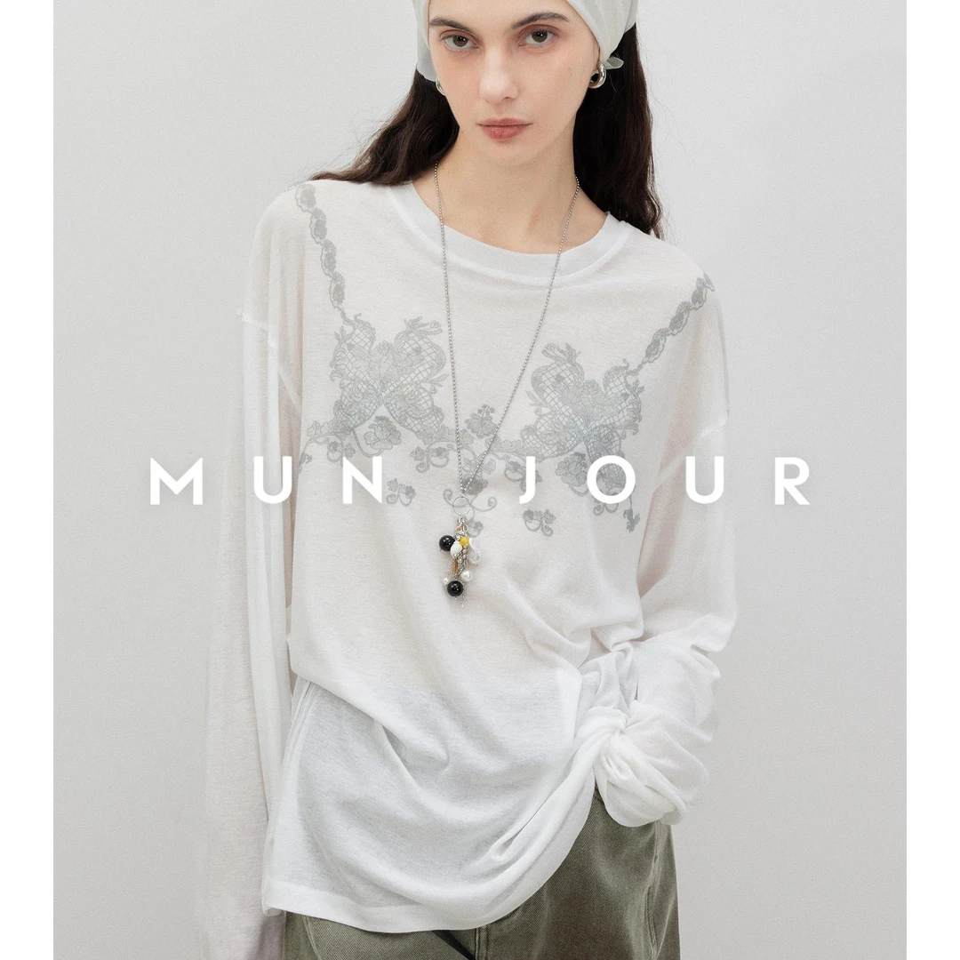 透薄干爽 chao细凉感瑞士棉 复古时髦蕾丝印花宽松T恤