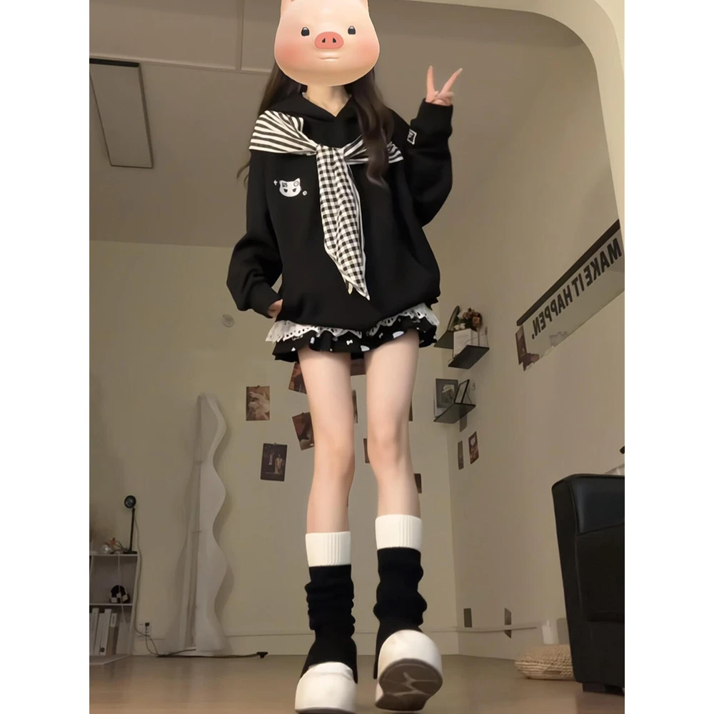 原版做工刺绣后包拉肩纯棉华棉复合薄款卫衣女学院风休闲百搭ins