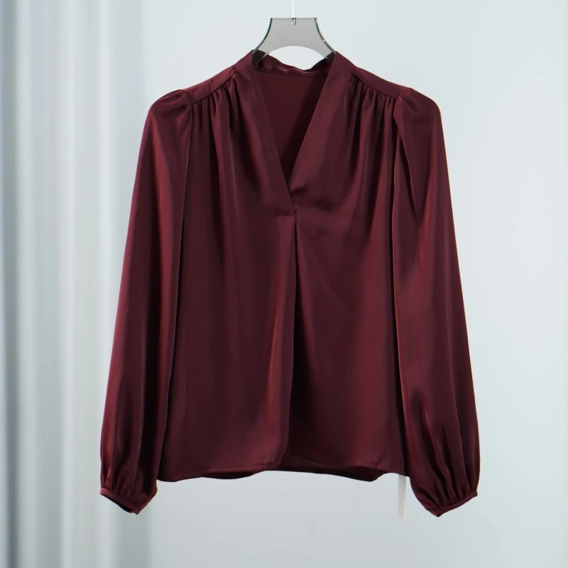 设计师系列  Y701   女装春季V领气质上衣衬衫酒红色
