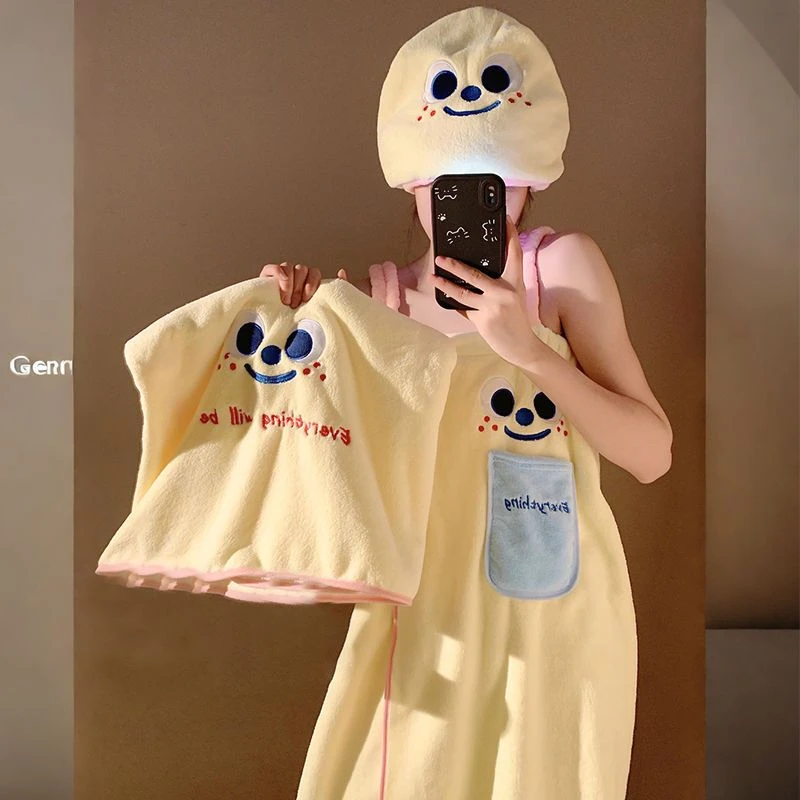 可爱浴巾吸水速干可穿裹巾浴裙洗澡毛巾非纯棉珊瑚绒干发帽新款LX