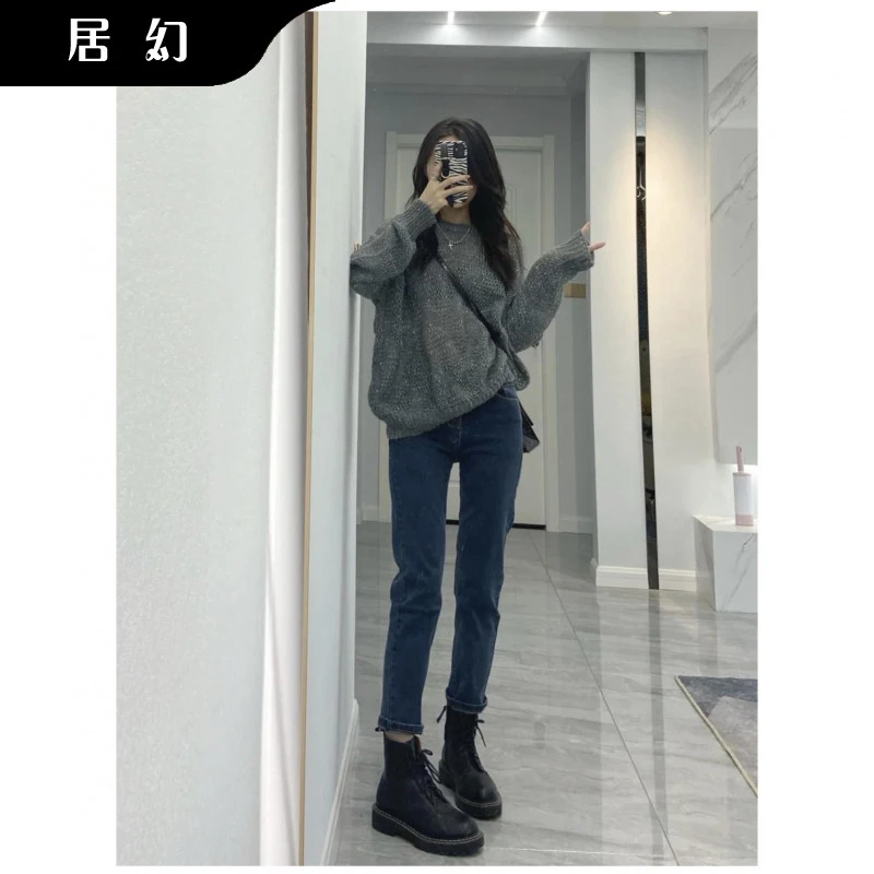 居幻蓝灰色高腰修身弹力直筒裤2025秋冬季新款九分烟管裤高街趋势