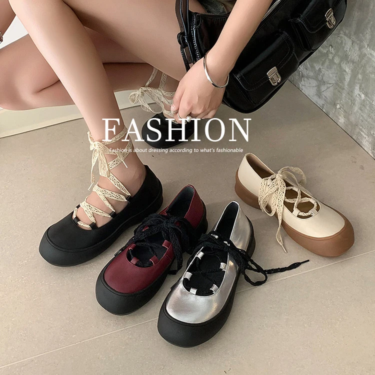 2025新款简约百搭玛丽珍夏季圆头中空绑带厚底女鞋芭蕾风单鞋