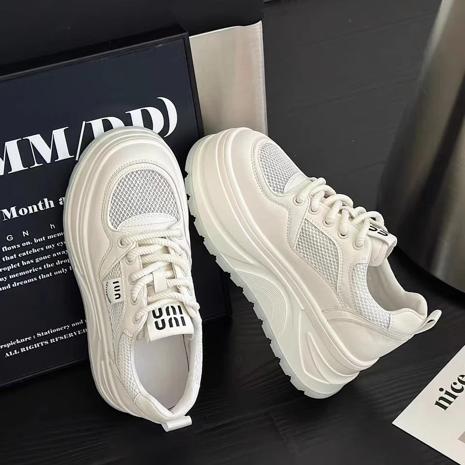 【十六号】甜酷真皮网面轻便厚底面包鞋增高小白鞋女板鞋2953-6