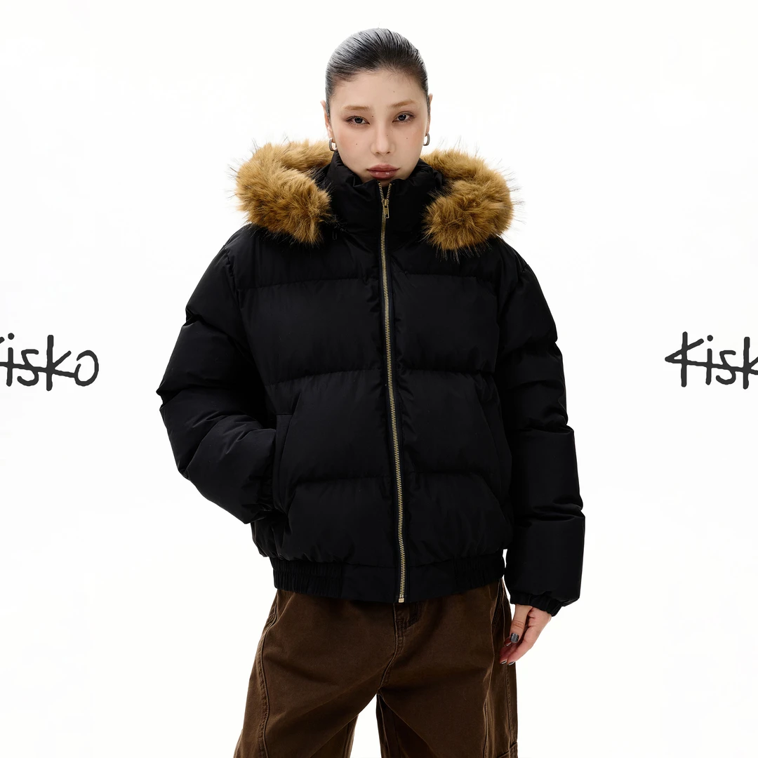 KISKO冬季美式毛领连帽加厚派克服男女高级感宽松棉服外套情侣潮