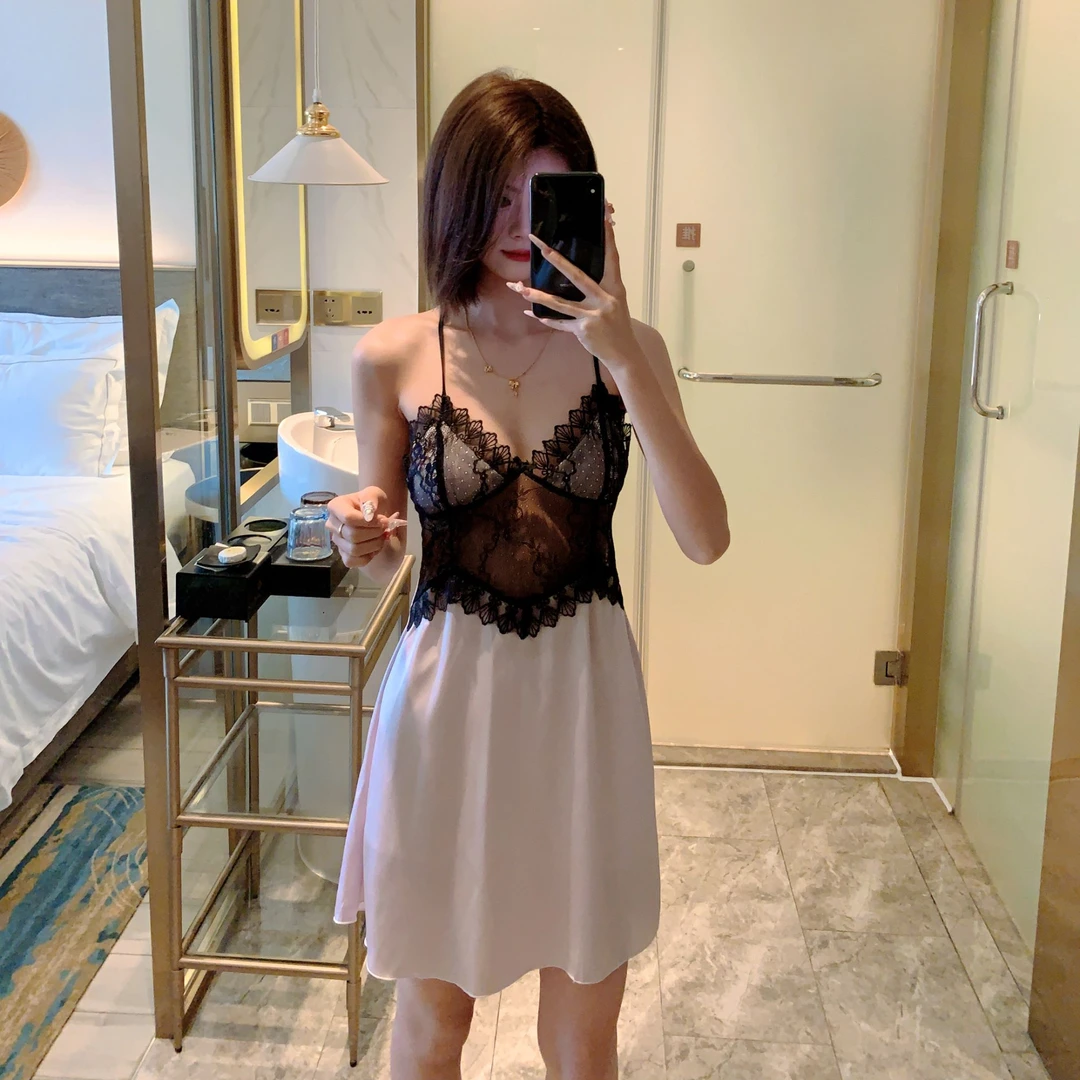 新款镂空花边带胸垫冰雪丝吊带性感女士家居服睡裙