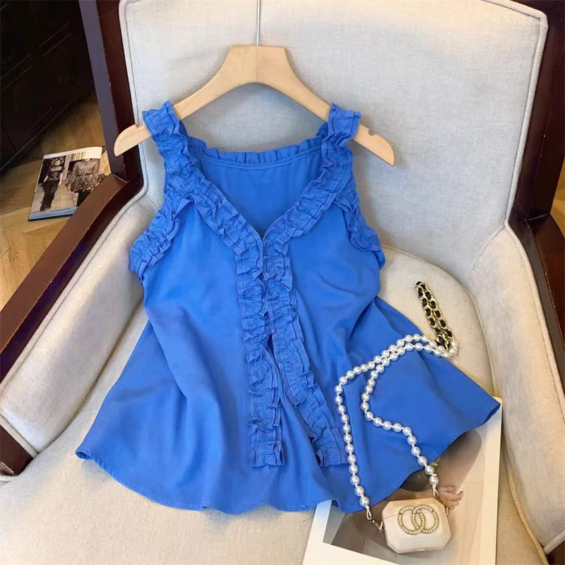 2025新款v领甜美设计感拼接木耳边无袖衬衫洋气时尚吊带上衣女