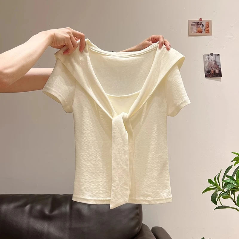 假两件U领披肩纯色短袖T恤女夏季2025新款小众短款设计感修身上衣