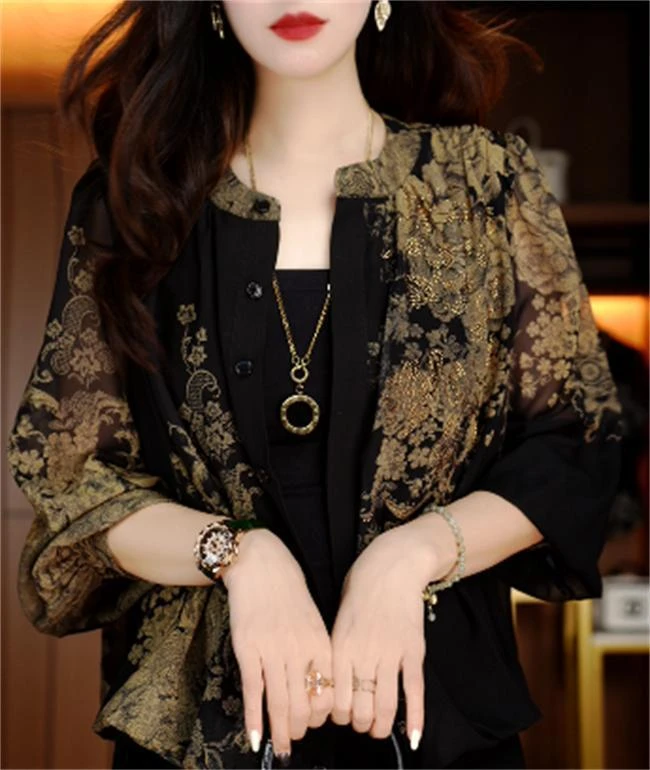 2025夏季新款开衫印花宽松型打底衫蕾丝长袖外搭网红衬衫洋气W471