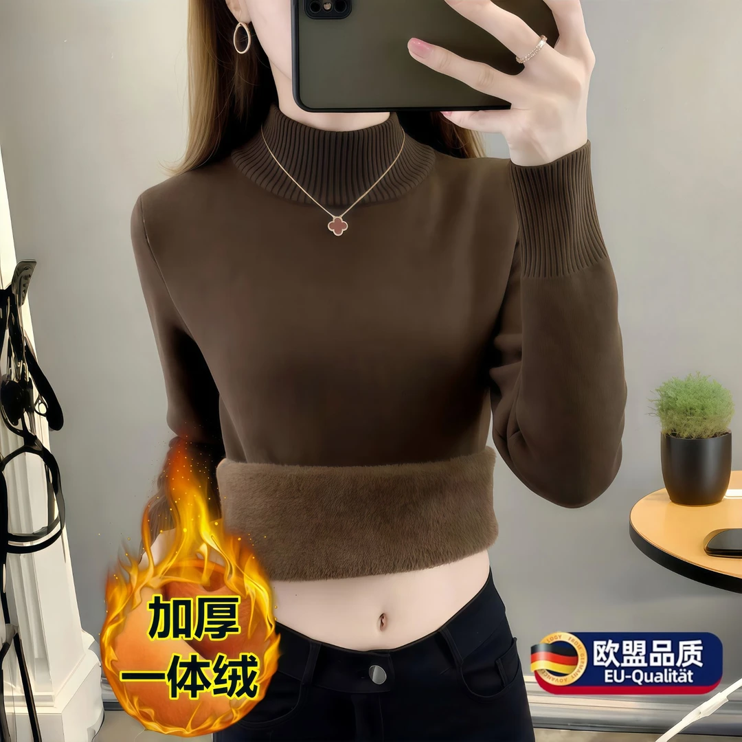 秋冬加绒毛衣女加厚一体绒内搭大码半高领套头打女微透针织罩衫