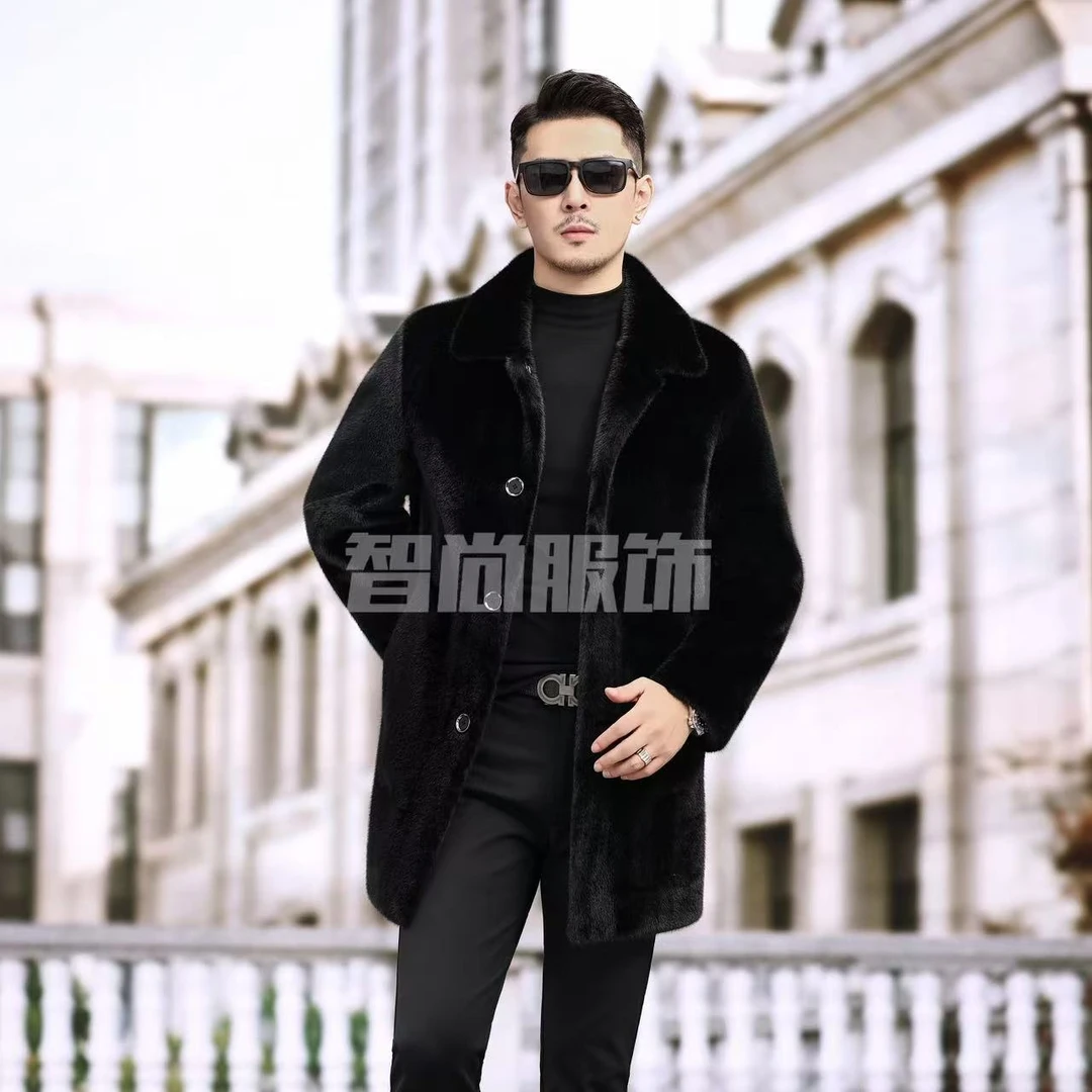 【阿俊严选】海宁新款商务休闲貂绒大衣男士翻领两面穿长款外套819