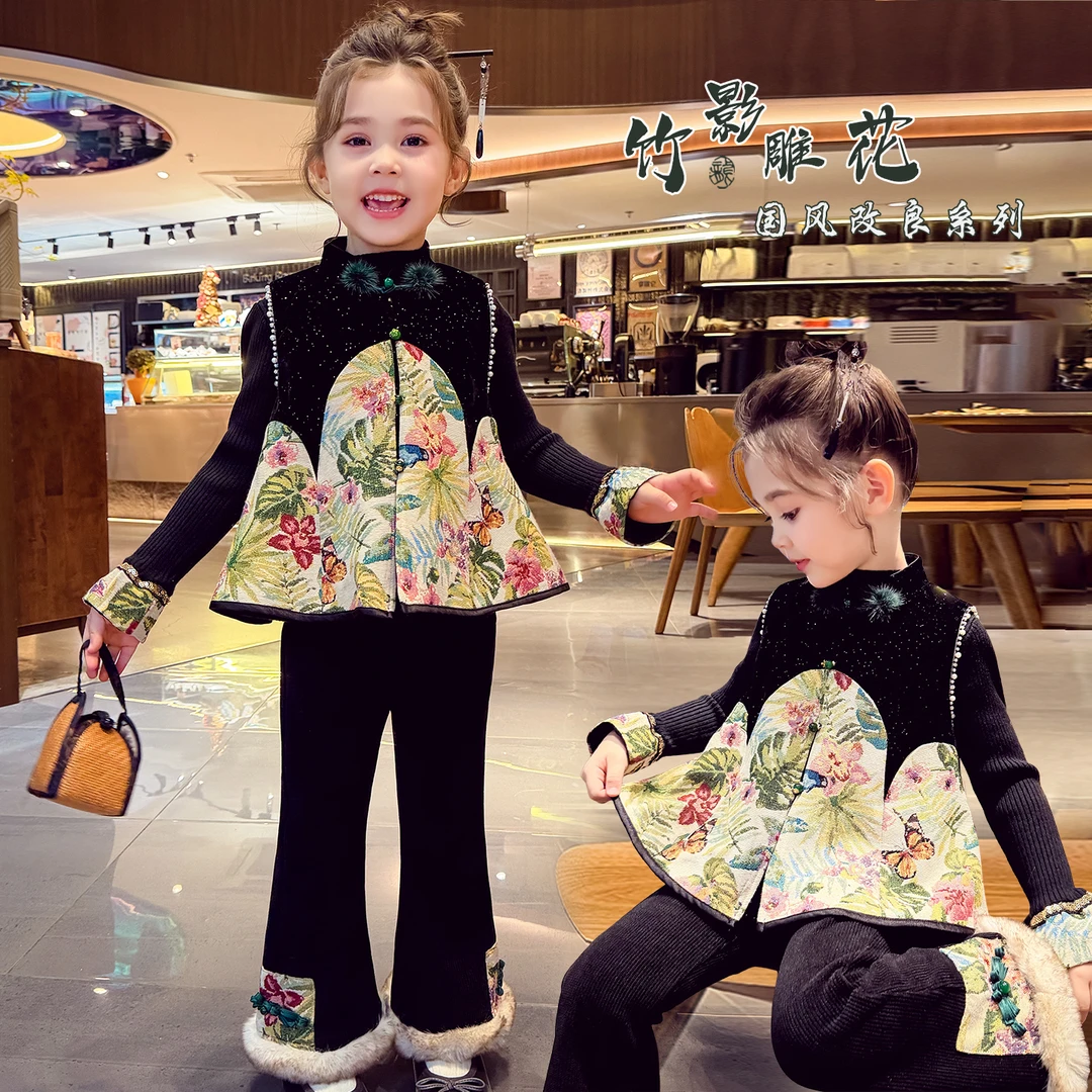 女童唐装拜年服提花丝绒女孩国风加绒上衣冬2025新款儿童旗袍马甲