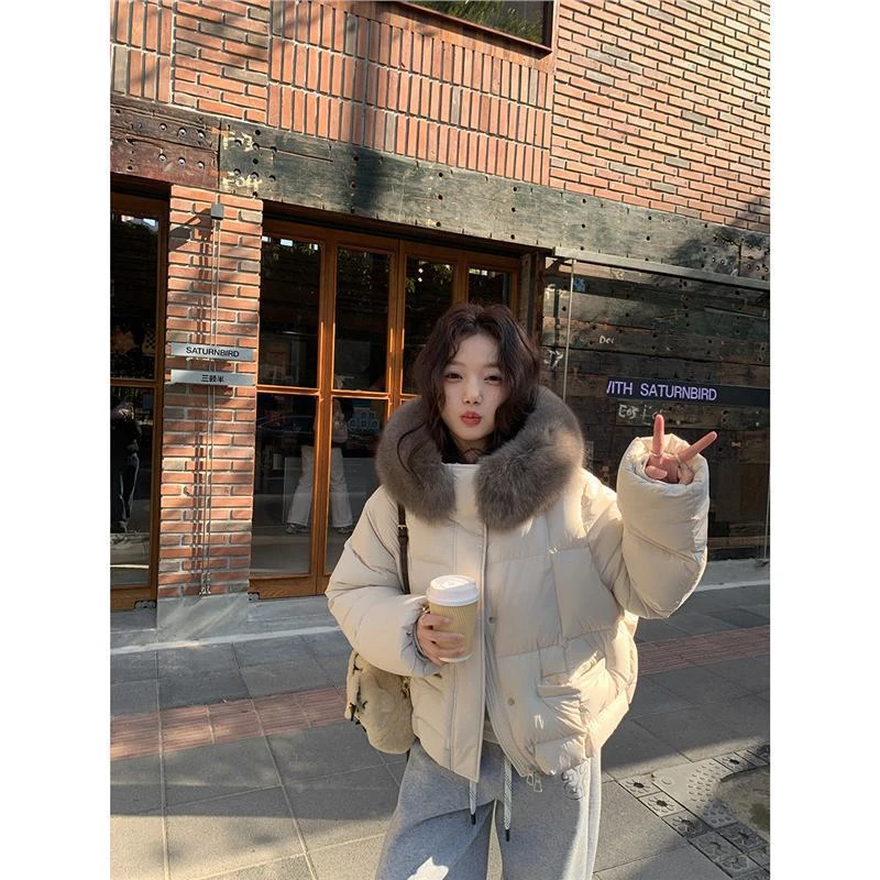 大毛领90白鸭绒短款羽绒服女冬季小个子加厚面包服网红同款外套