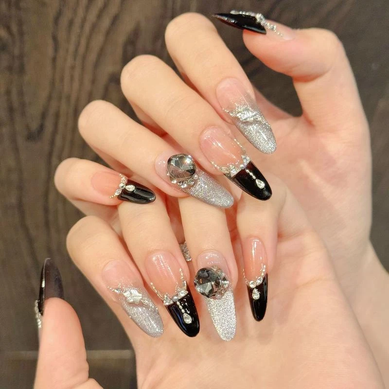 冥月黑影】暗夜风高级黑法式爆闪灰猫眼碎钻美甲纯手工穿戴甲