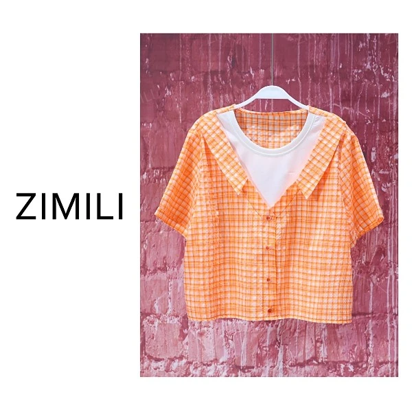 【亮哥女装】2025欧版霓虹橙色格子撞色拼接假两件时尚短袖9537-B3