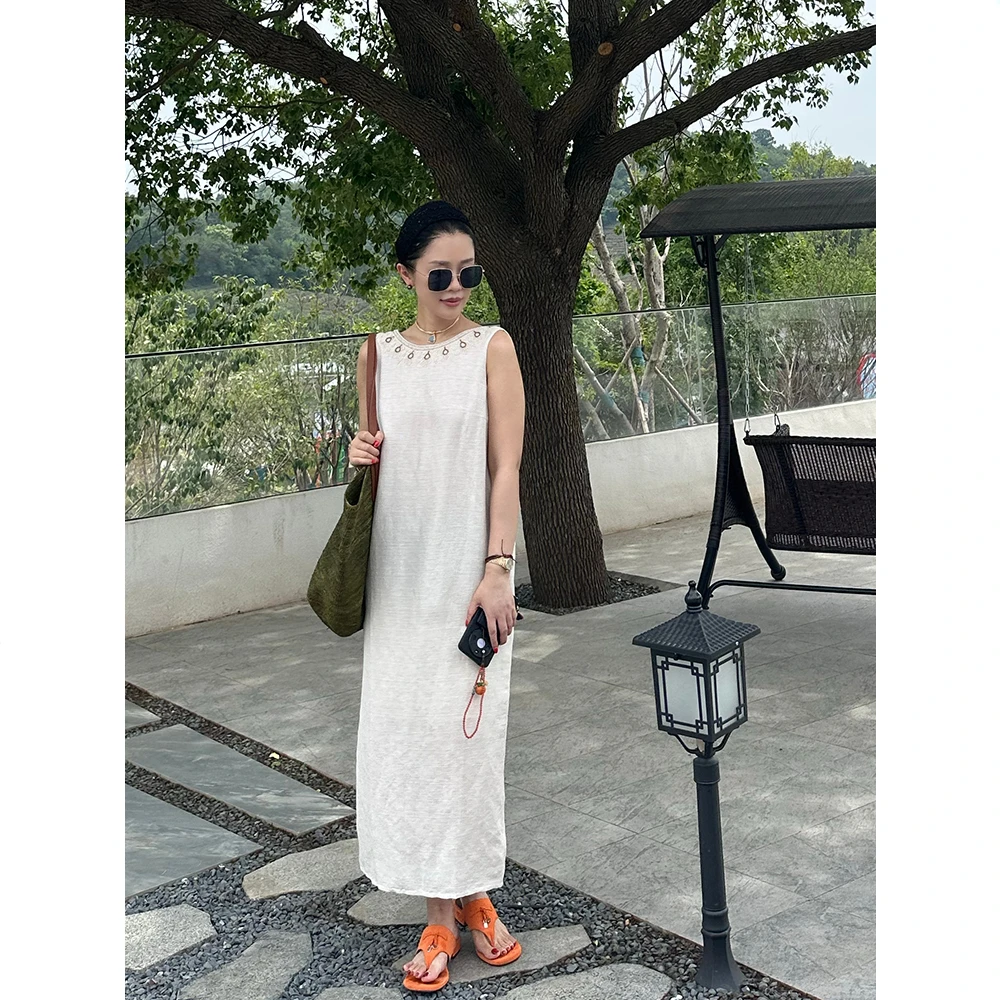 X【叭哒不惑】恋人 亚麻桑蚕丝复古设计感钉珠背心连衣裙女时尚