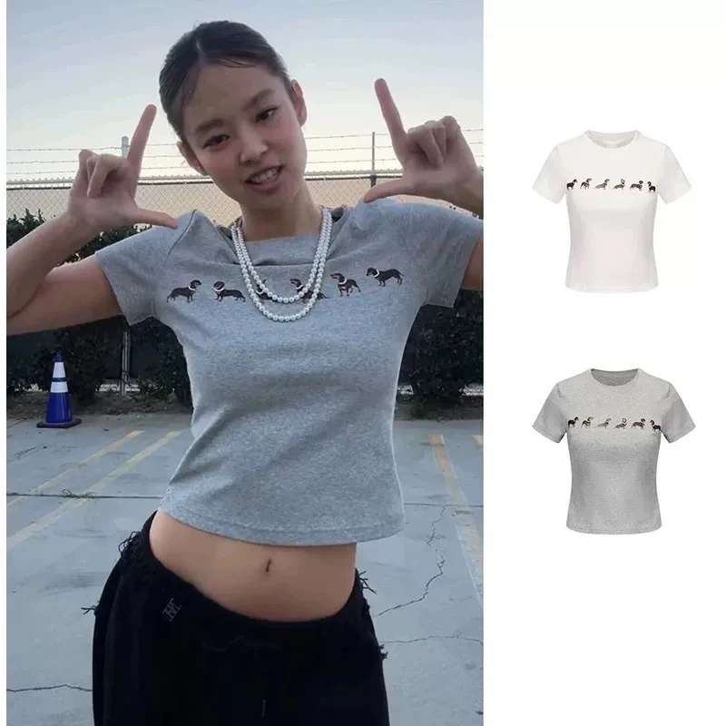 yb开发~Jennie同款珍珠项链狗狗印花弹力修身显瘦短袖女