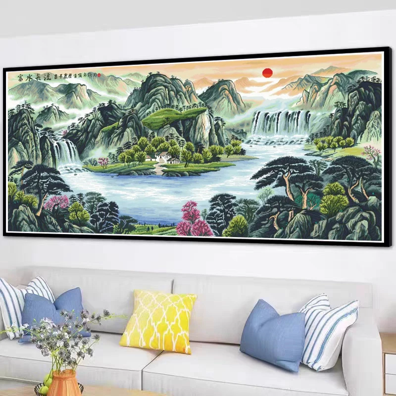 材料非成品流水生财十字绣套件手工自己绣客厅聚财风景山水大幅