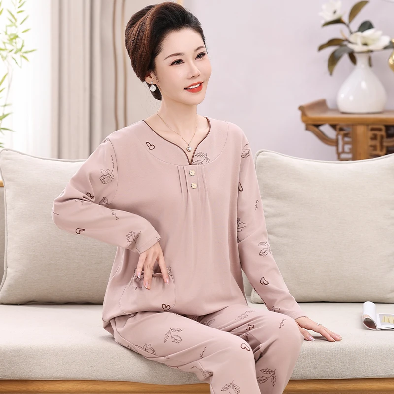 中老年妈妈睡衣女士纯棉长袖春秋款可外穿老年人全棉家居服两件套