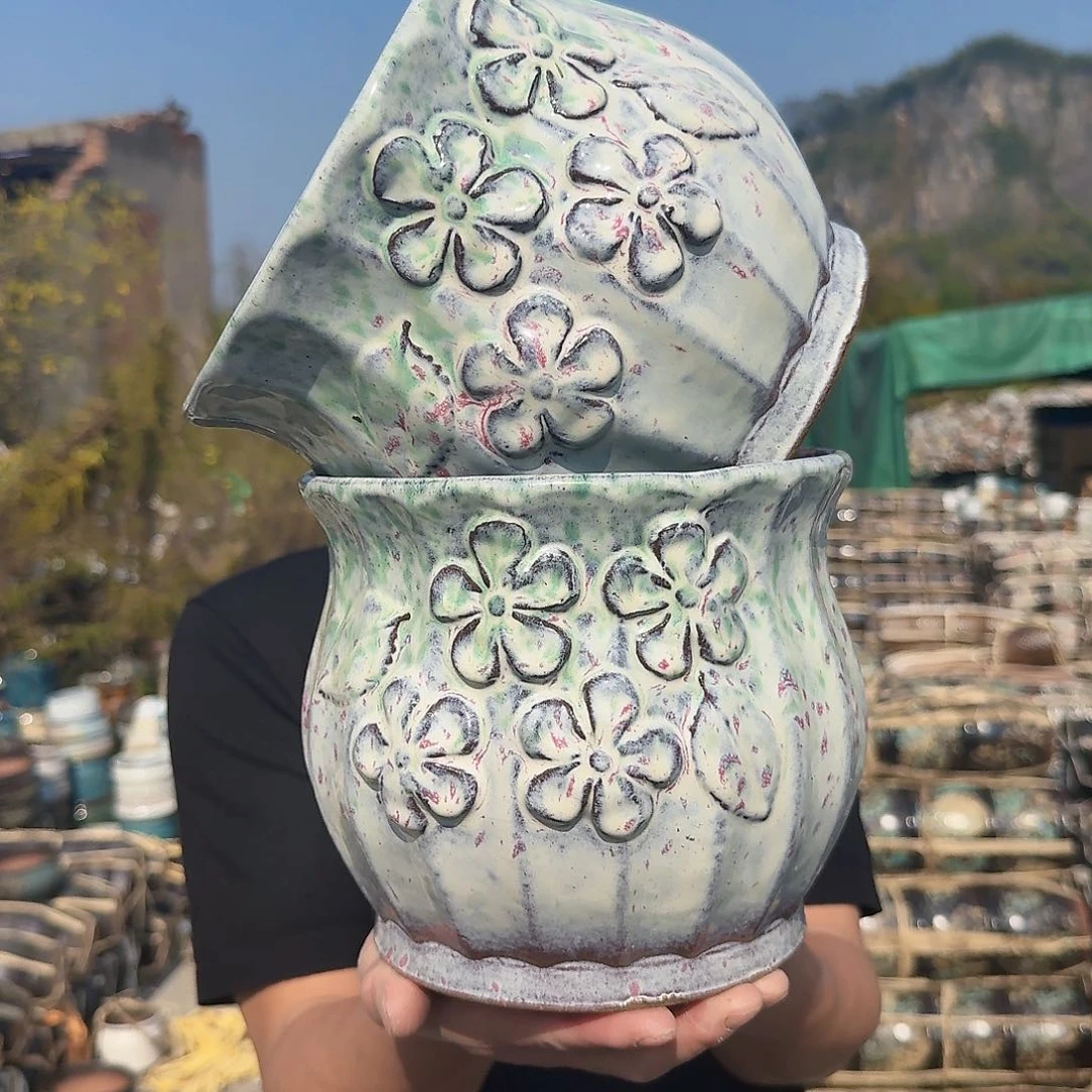紫砂花盆口20高18（两个南瓜彩色花花