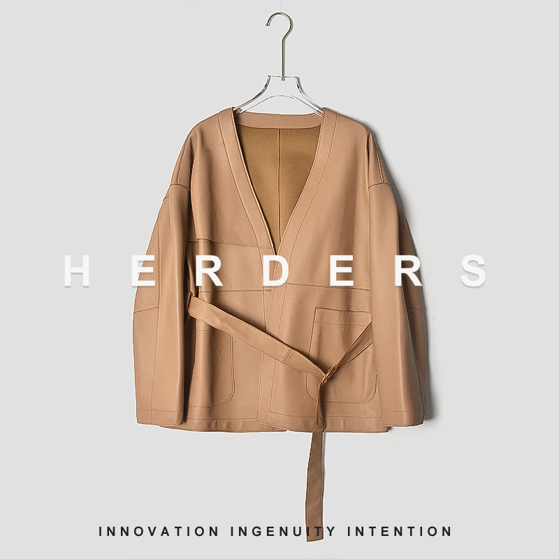 HERDERS卡其色潮流时尚腰带款无扣皮衣248660