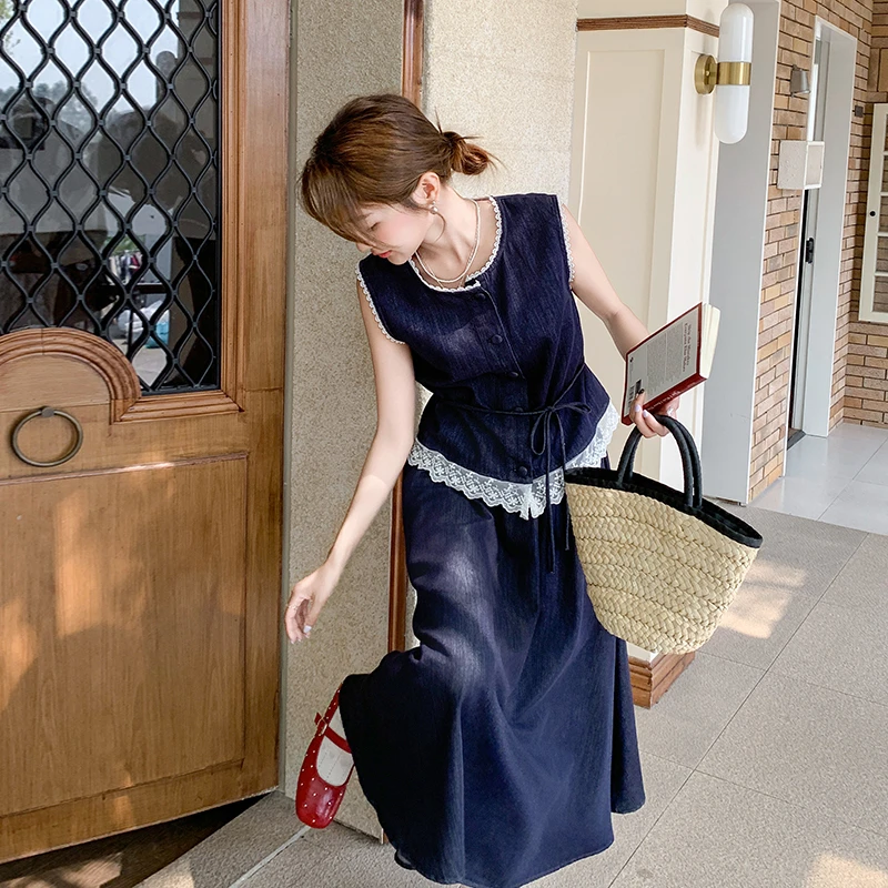 蕾丝边软牛仔马甲半身裙两件套女夏超火独特绝美韩系巨好看一整套